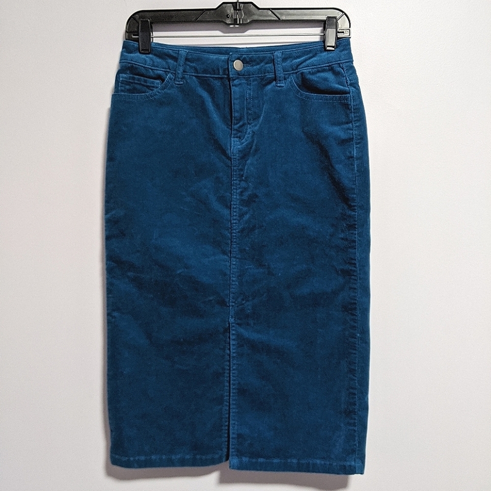 NWOT Blue Corduroy Front Slit Skirt